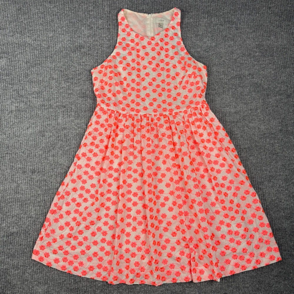 J Crew Floral Embroidered Racer Dress Womens 10 Cotton Fit Flare Garden Party